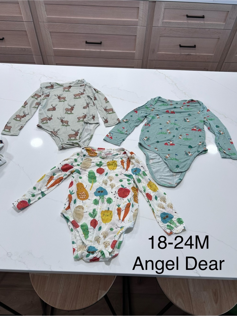 Angel Dear Long-Sleeve One-Piece Bodysuits in Cream, Green & Multi